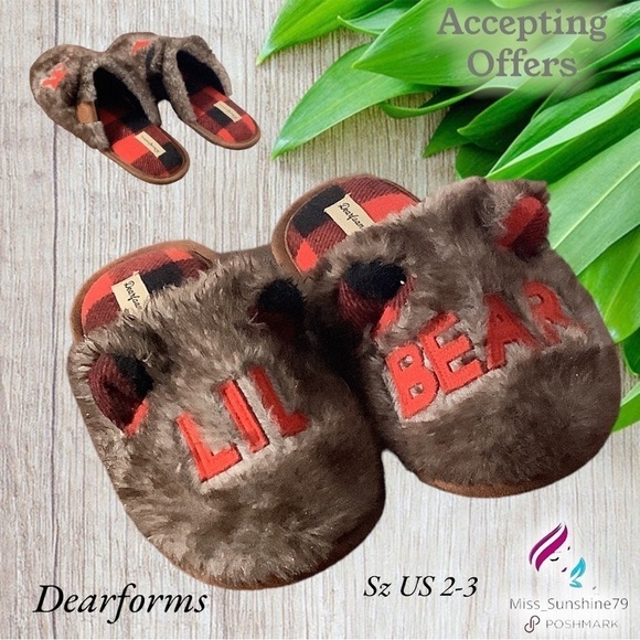 Dearfoams- Sz US2-3 - Lil Bear ear slippers - rubber sole profile racks faux fur - Picture 1 of 8